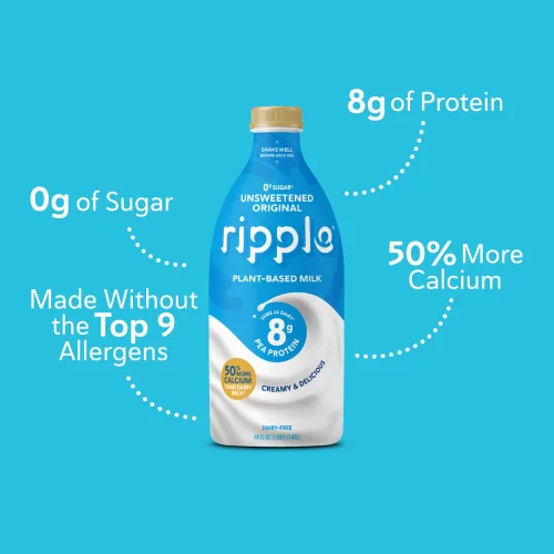 Vista 5 de Ripple, leche de guisantes, original, sin azúcar, 48 onza