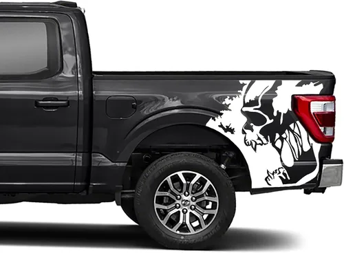 Vista 4 de Calcomanía de vinilo para cama con diseño de calavera compatible con Ford F150 2021-2023 (par) (negro brillante)