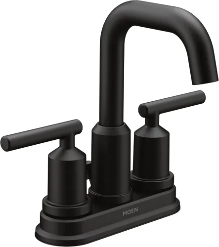 Vista 10 de Grifo de baño moderno Moen Gibson cromado de arco alto con dos manijas de montaje central con conjunto de desagüe, 6150