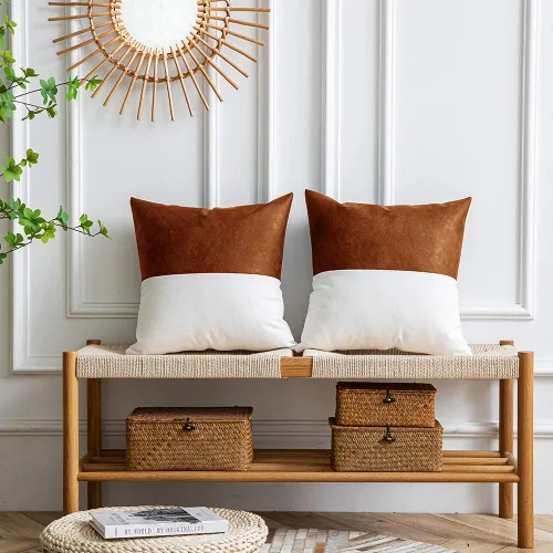 Vista 2 de DEZENE Fundas de Almohada Decorativas de Cuero, Juego de 2 Fundas de Almohada Decorativas Modernas de Cuero/Algodón para Decoración del Hogar Marrón