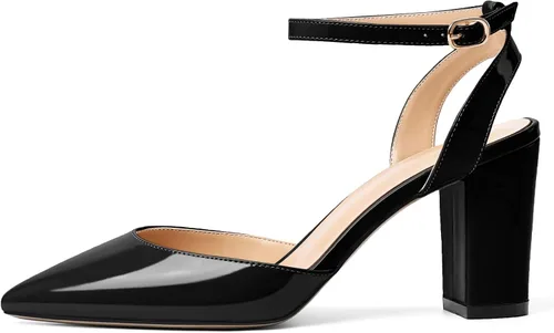 Vista 2 de Soireelady Tacones altos gruesos para mujer, tacones puntiagudos, correa al tobillo, sandalias envolventes de charol con diseño recortado, zapatos