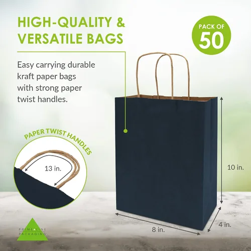 Vista 4 de Prime Line Packaging Bolsas de regalo de papel, bolsas de regalo azul marino, pequeñas con asas, bolsas de compras para negocios, golosinas
