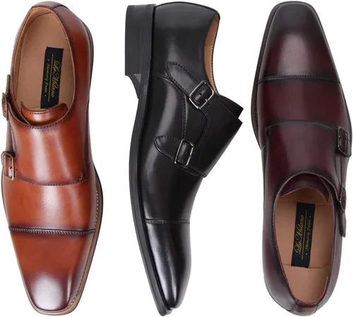 Vista 2 de La Milano Mocasines para hombre con correa doble monje sin cordones, de cuero, Oxford, formal, casual, cómodos, zapatos de vestir para hombres