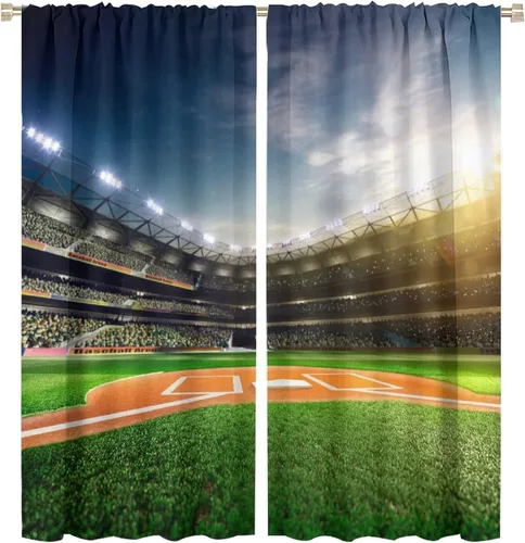 Vista 19 de Cortinas de ventana de campo deportivo, béisbol profesional Grand Arena en la luz del sol, bolsillo para barra, tratamientos decorativos