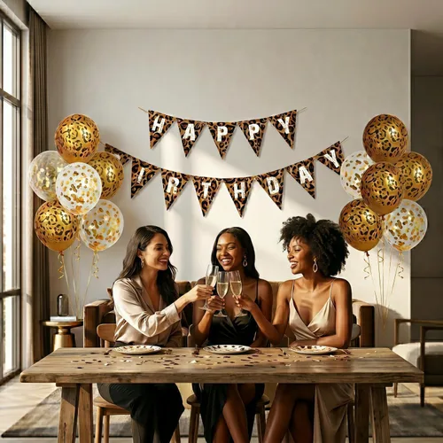 Vista 2 de Decoraciones de cumpleaños con estampado de guepardo y leopardo, suministros de fiesta temática de selva de safari con pancarta de feliz cumpleaños