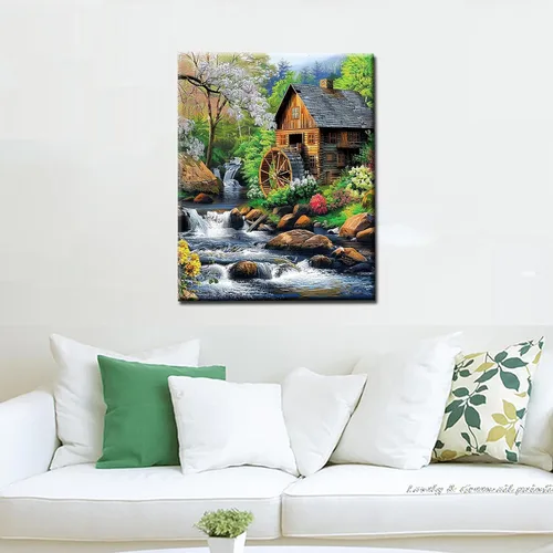 Vista 3 de Pintura por números, cabaña del bosque rodeada de flores y árboles, pintura sobre lienzo con pinceles, pinturas acrílicas, perfectas para pintar por