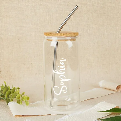 Vista 3 de Vaso de vidrio personalizado con popote y pajita, taza de café helado con nombre, regalo de fiesta nupcial, lata de vidrio personalizada de 16