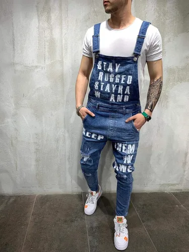 Vista 2 de Overol de mezclilla para hombre, overol negro con letras de moda, ajustable, ropa de trabajo, ajustado, con bolsillos