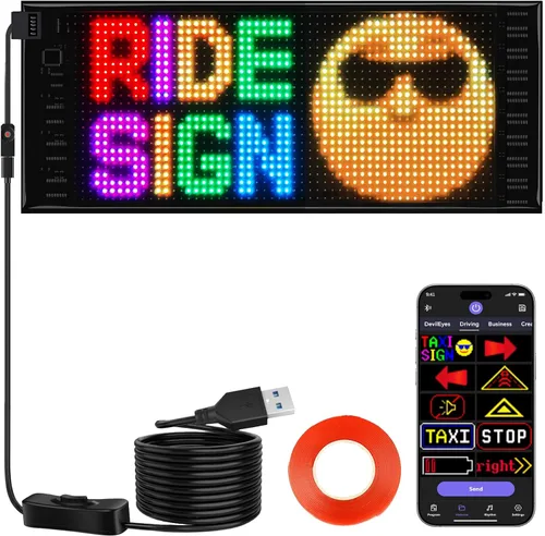 Vista 8 de Rayhome Mini letrero LED para automóvil, 6.7 x 2.76 pulgadas, panel de matriz LED flexible, USB 5 V, control de aplicación Bluetooth, letrero LED