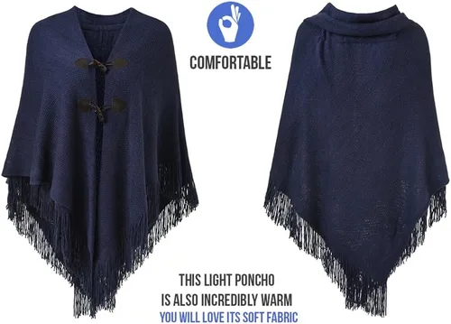 Vista 3 de Ferand Poncho de ajuste holgado para mujer con elegantes botones de cuerno, cuello en V y dobladillo en V