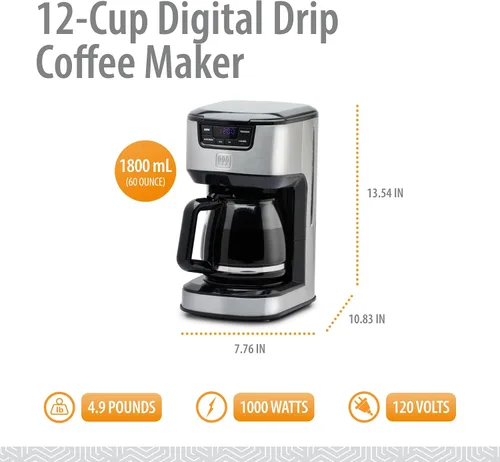 Vista 2 de Toastmaster Cafetera digital de goteo de 12 tazas, máquina de café automática programable, electrodoméstico de cocina con ajuste para mantener