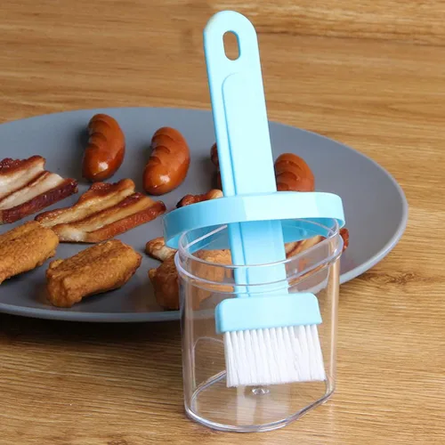 Vista 8 de 2 unids cepillo para untar con recipiente resistente al calor salsa aceite cepillo para barbacoa parrilla hornear y pasteles color aleatorio