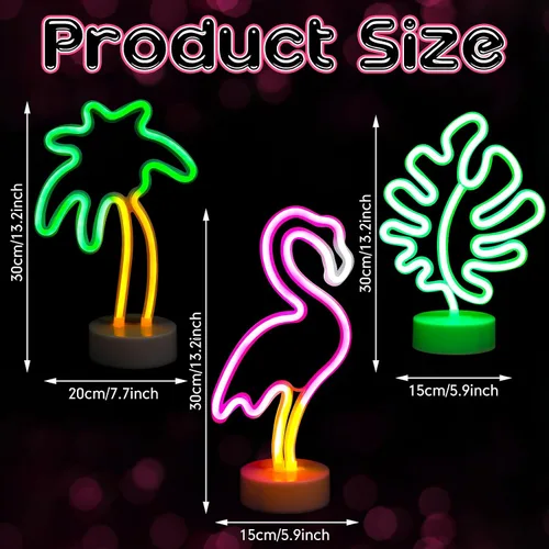 Vista 6 de Liliful Letrero de neón de flamenco, palmera de coco, luces de neón, hojas de palmera, funciona con pilas, alimentado por USB, con pedestal
