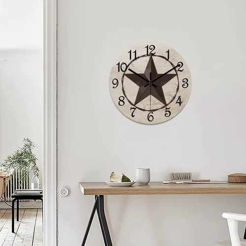 Vista 5 de Reloj de pared con diseño de estrella de Texas occidental, reloj de madera retro sin tictac, silencioso a pilas, fácil de leer, elegante reloj