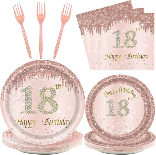 Vista 19 de 24 juegos de decoración de cumpleaños de oro rosa para niñas 1 juego de platos y servilletas y tenedores suministros de fiesta para niños de 1 año