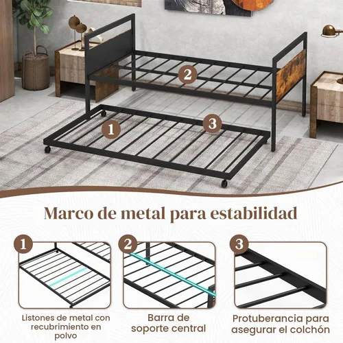 Vista 5 de KOMFOTT Sofá cama de metal de tamaño individual con nido, marco de sofá cama con cabeceras de madera, soporte de listones de metal, marco de sofá