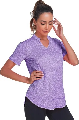 Vista 4 de Absttith Camisetas de entrenamiento de manga corta para mujer, para yoga, senderismo, secado rápido, cuello en V, camiseta deportiva con abertura