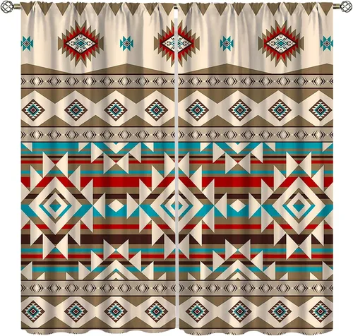 Vista 25 de YCness Cortinas aztecas para dormitorio, decoración geométrica étnica del suroeste para sala de estar, diseño tribal bohemio de elefante nativo