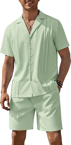 Vista 16 de COOFANDY Conjunto corto de 2 piezas para hombre, camisa con botones Guayabera, casual, trajes de playa de verano Verde militar