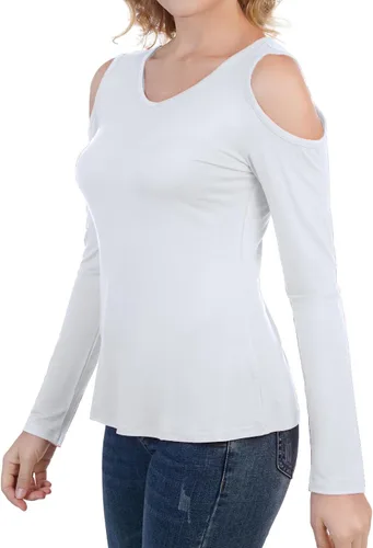 Vista 5 de Camiseta de manga larga con cuello en V y hombros descubiertos para mujer