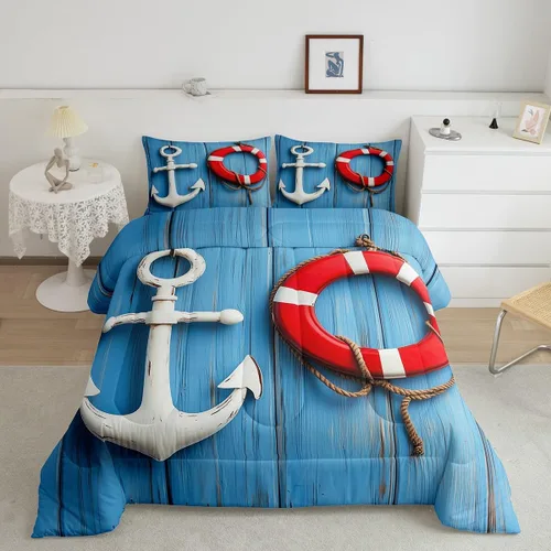 Vista 3 de Erosebridal Edredón náutico costero, juego de ropa de cama y colecciones de playa de verano, estilo clásico, edredón de plumón oceánico