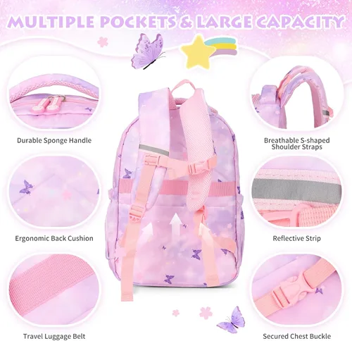 Vista 6 de Mochilas para niñas, escuela, lindas mochilas para niños, con lonchera aislada, juego para la escuela primaria, púrpura (Butterfly Purple), Urbano