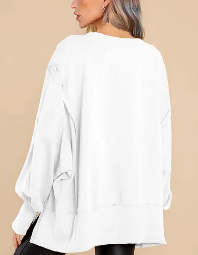 Vista 4 de BWQ Sudadera de gran tamaño para mujer, cuello redondo, manga larga, sin botones