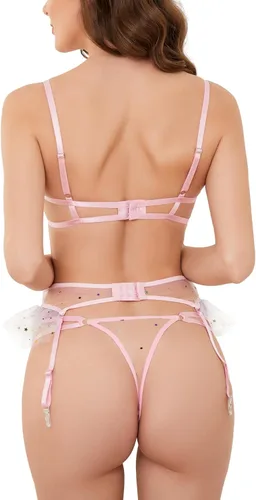 Vista 2 de LilosySexyUnderwireCuteSheerKawaiiGarterBeltLingerieSetBraandPanty3Piece