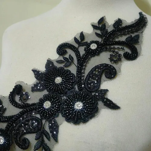 Vista 17 de Apliques de encaje con cuentas 3D Luz Lujo Ropa Collar Ramillete Bordado Accesorios (azul oscuro)