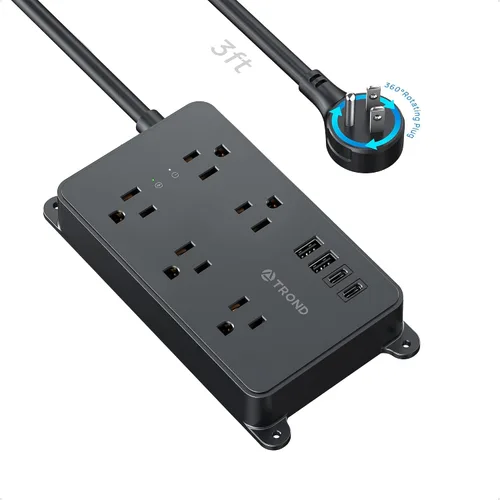 Vista 10 de TROND Regleta protectora contra sobretensiones, cable de extensión de 3 pies de enchufe plano, 5 tomas de corriente ampliamente espaciadas con 2 USB