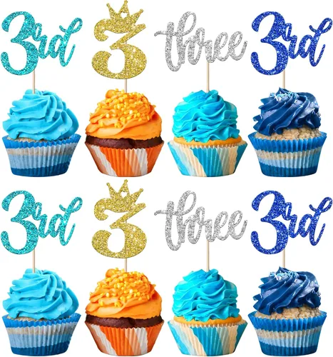 Vista 15 de Paquete de 24 adornos para cupcakes de un cumpleaños, con purpurina para el primer cumpleaños, coronas, decoraciones de pastel feliz para el primer