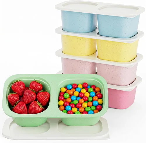 Vista 10 de Paquete de 10 recipientes reutilizables para aperitivos con tapas, 2 compartimentos, caja pequeña de aperitivos Bento, sin BPA, accesorios