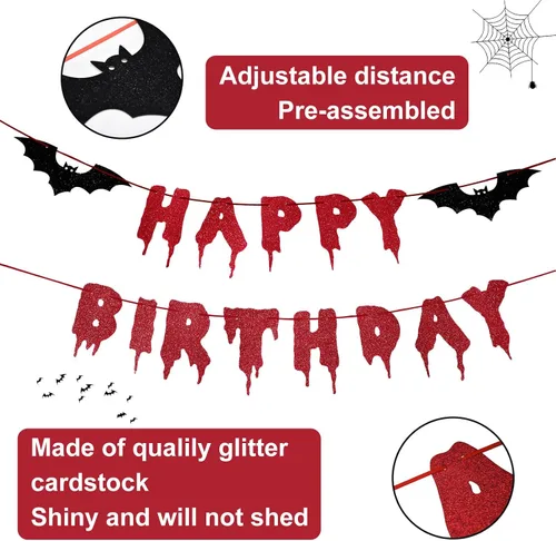 Vista 2 de Cartel rojo brillante de Halloween de Feliz Cumpleaños – Guirnalda de papel colgante de Halloween Banderines Banner Bloody Bat Vampire Decoraciones