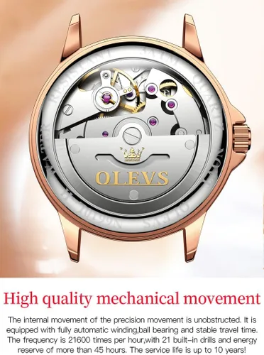 Vista 4 de OLEVS Relojes para mujer, mecánico automático, cuerda automática, oro rosa, reloj de mujer, vestido de diamante, pulsera de cerámica, impermeable