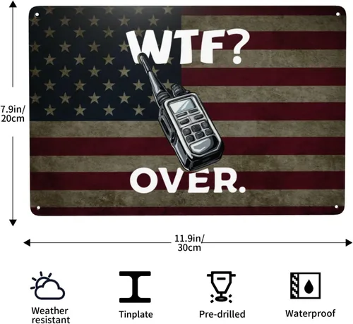 Vista 3 de Divertido walkie talkie - Radio de mano con texto en inglés "What The Fuck Over" de 8 x 12 pulgadas, letrero de metal retro para decoración de pared