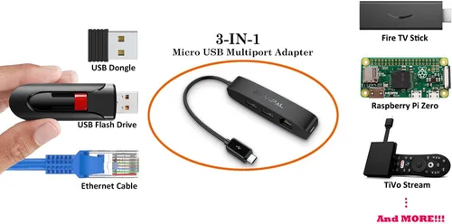 Vista 2 de 3 en 1 Adaptador Ethernet Micro USB, Hub OTG con 2 Puertos USB y 1 Puerto RJ45 para Fire TV Stick, Raspberry Pi Zero, Google Chromecast Ultra