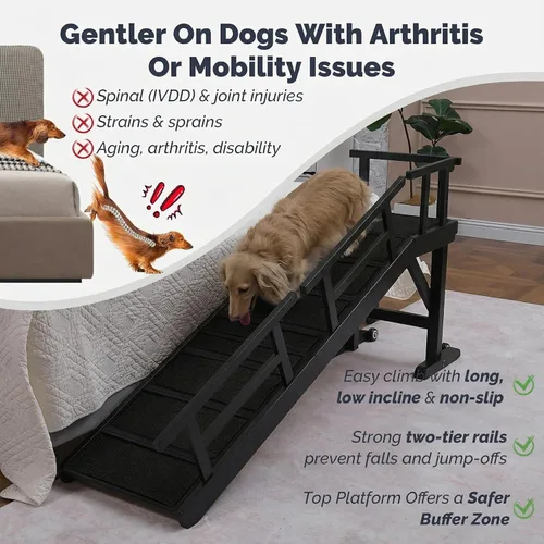 Vista 6 de Rampa para perros para cama o sofá, rampa de madera para mascotas con pendiente suave de 20°, rieles laterales extraíbles, superficie