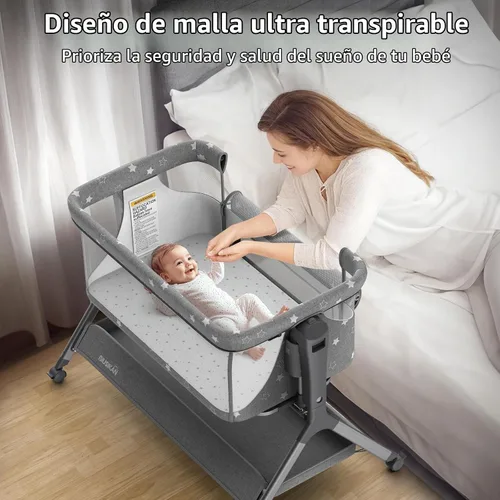 Vista 4 de BIUSIKAN Moisés de bebé 3 en 1, moisés mecedora para dormir junto a la cama con colchón cómodo y malla transpirable, 6 alturas ajustables y ruedas
