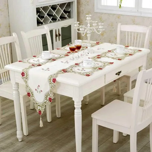 Vista 2 de HOLY HOME Camino de mesa navideño 100% poliéster, bordado de encaje, rosa, tela pastoral, decoración del hogar (rosa, 16 x 70 pulgadas)