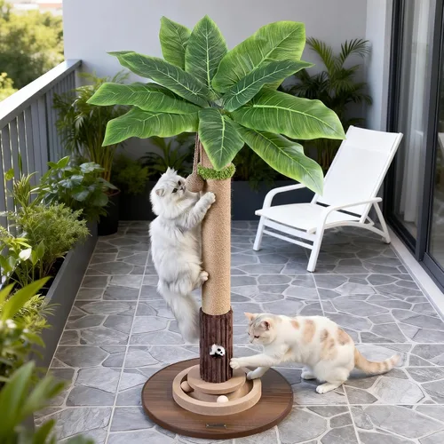 Vista 10 de WOOCHPET Rascador para gatos de interior de 35 pulgadas de alto, rascador de sisal para gatos con juguete de ratón y bolas de pista, base de madera