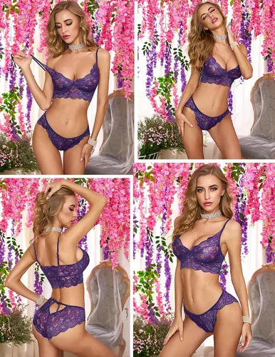 Vista 2 de ADOME - Conjunto de brasier y pantaleta de encaje para mujer