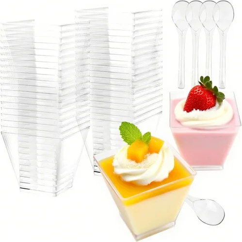 Vista 7 de 100 tazas de postre de plástico de 4 onzas con cucharas, desechables
