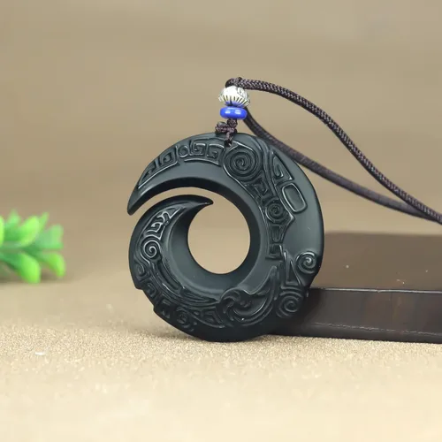 Vista 6 de caiyufeng Natural Boutique - Colgante de obsidiana de la suerte con cadena de cuentas joyería para hombre colgante de jade color negro Madera