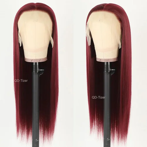 Vista 2 de QD-Tizer Pelucas de cabello sintético con encaje frontal de 13 x 6 pulgadas, sin pegamento, color rojo vino, color burdeos, pelucas de cabello largo