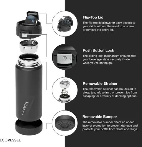 Vista 3 de EcoVessel PERK Trimax - Botella de viaje de acero inoxidable con aislamiento al vacío para café y té con botón de bloqueo superior, vaso de café