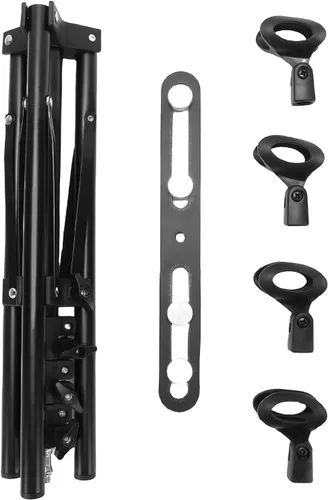 Vista 5 de Gugxiom Soporte de piso para 4 micrófonos, soporte de micrófono ajustable de aluminio, con trípode plegable, para transmisión, podcasting, grabación