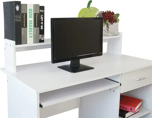 Vista 7 de Escritorio para computadora con estante con cajón, bandeja extraíble para teclado, escritorio de oficina en casa de almacenamiento grande de 43