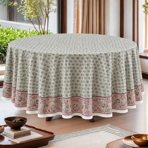 Vista 31 de Ridhi Mantel redondo con estampado de bloques a mano, color rosa y blanco