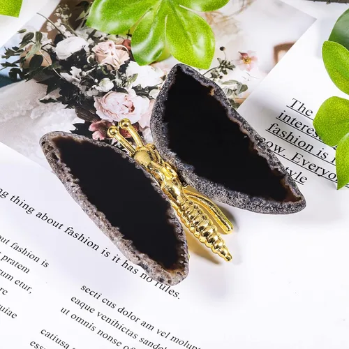 Vista 3 de Amogeeli Figura de mariposa de ágata de cristal, decoración del hogar, geoda curativa ágata de piedra de mariposa para fiesta de boda, color negro