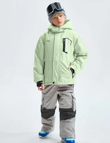 Vista 5 de GEMYSE - Chaqueta de esquí impermeable con capucha y forro polar, resistente al viento, para niño Verde Aqua